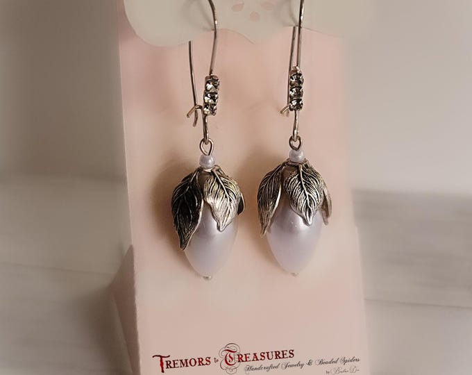 Teardrop Pearls with Antique Silver Leaf Wrap | Special Occasion Earrings | Bridal Gift | Rhinestone Kidney Earwires | Mother of the Bride