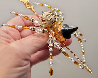 Handmade Halloween Spider: Crystal & Gold Witch Decor