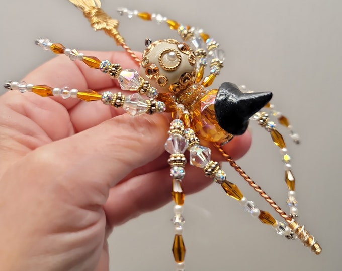 Handmade Halloween Spider: Crystal & Gold Witch Decor