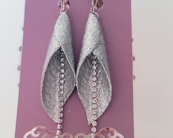 Graceful Silver Leather Calla Lily Shaped Earrings Embellished with Rhinestone Cup Chain | Elegant Kidney Ear Wires |  Handmade in the USA