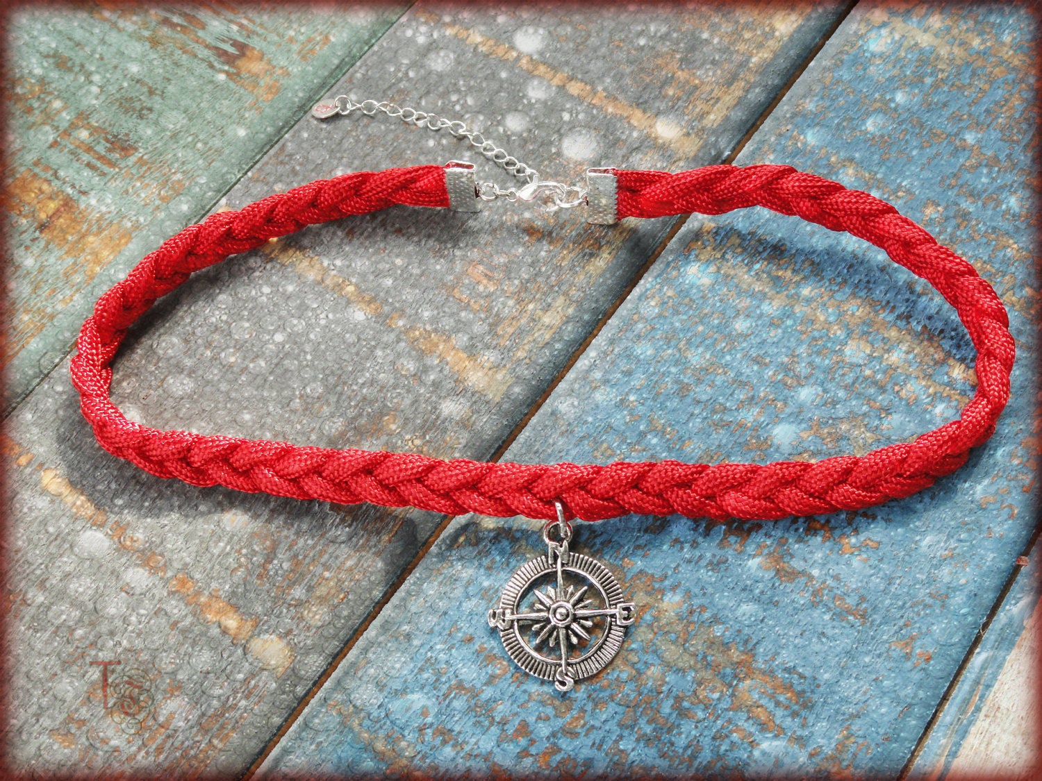 Paracord Choker with Tibetan Silver Compass Charm Braided Red Paracord