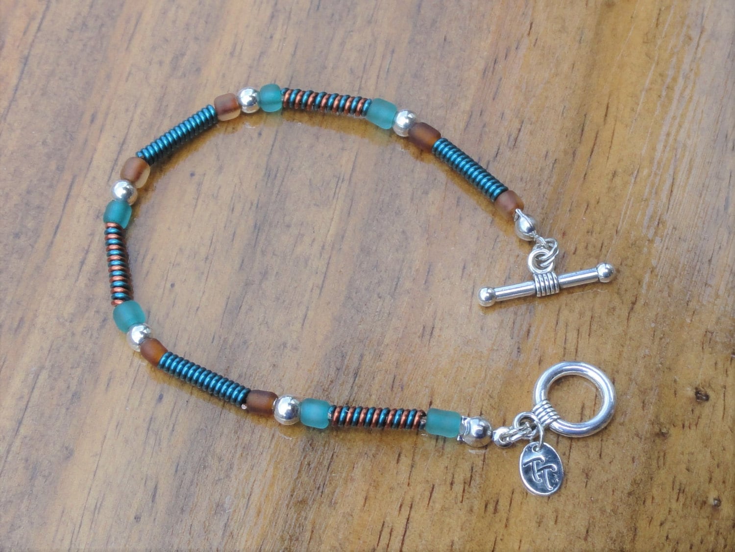 Teal and Copper Wire Coil Bracelet/Copper Wire/Coiled Wire Stretch