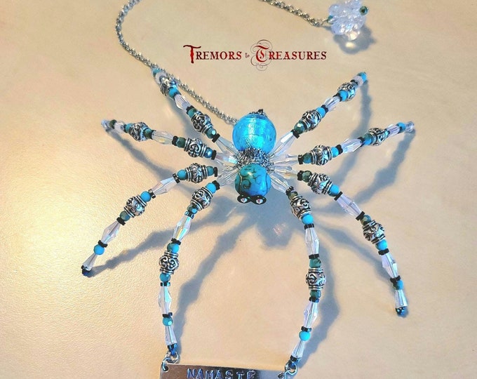 Namaste Crystal Spider | Turquoise Crystal Spider | Yoga Instructor Gift | Handmade in the USA | Namaste Tag may be engraved or stamped