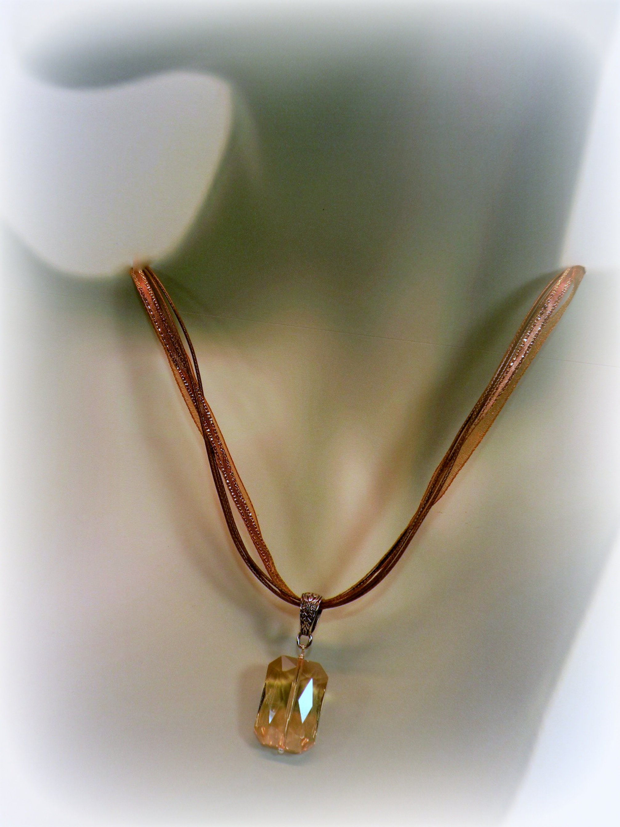 Golden Crystal Pendant Necklace; Organza Ribbon Necklace; Faceted Amber ...