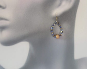 Blue and Gold Earrings/Teardrop Hoop Earrings/Hoop Earrings/Hematite and Wood Earrings/Teardrop Earrings/Handmade Jewelry/BOHO Earrings