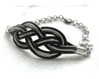 Leather Sailors Knot on Silver Chain Bracelet with Decorative Silver Dolphin Links | 1.5mm Black and Silver Leather Cord | Made in the USA
