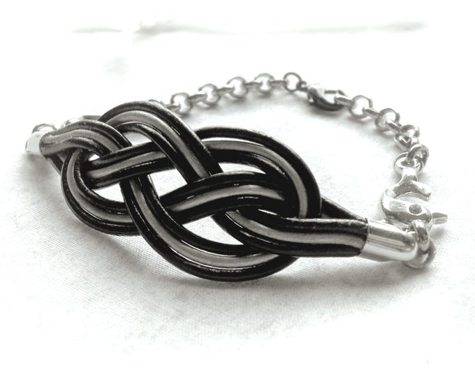 Leather Sailors Knot on Silver Chain Bracelet with Decorative Silver Dolphin Links | 1.5mm Black and Silver Leather Cord | Made in the USA