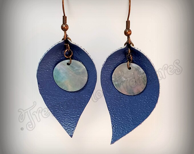 Faux Navy Blue Leather Earrings | Leaf Shaped Earrings | Embellished with Abalone Shell Disks and Bronze Findings | Handmade in the USA