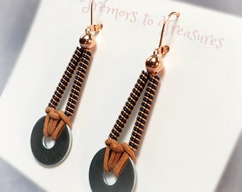 Handmade Wire Coil Earrings: Stainless Steel Washers, Leather Accents