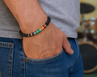 Musician's Guitar String Jewelry: Gemstone and Lava Bead Chakra Bracelet