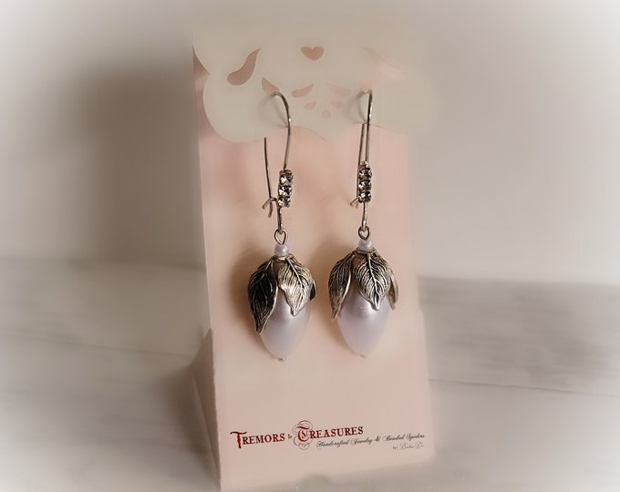 Teardrop Pearls with Antique Silver Leaf Wrap |Special Occasion Earrings | Jewelry for Quinceañera, Wedding, or Prom | Rhinestone Earwires