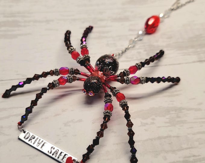Drive Safe Spider Car Charm: Handmade Red Crystal Beaded Mirror Ornament