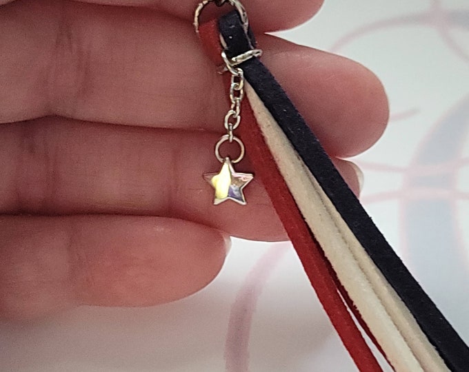 Red, White and Blue Leather Tassel Earrings with Silver Star Charm Handmade Jewelry BOHO Tassel Earrings Made in the USA