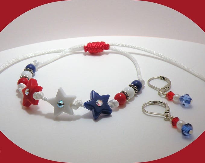 Red, White and Blue Jewelry Set/Patriotic Bracelet and Earrings/Youth Jewelry Set/4th of July Jewery/USA Jewelry/Essential Tremor Awareness
