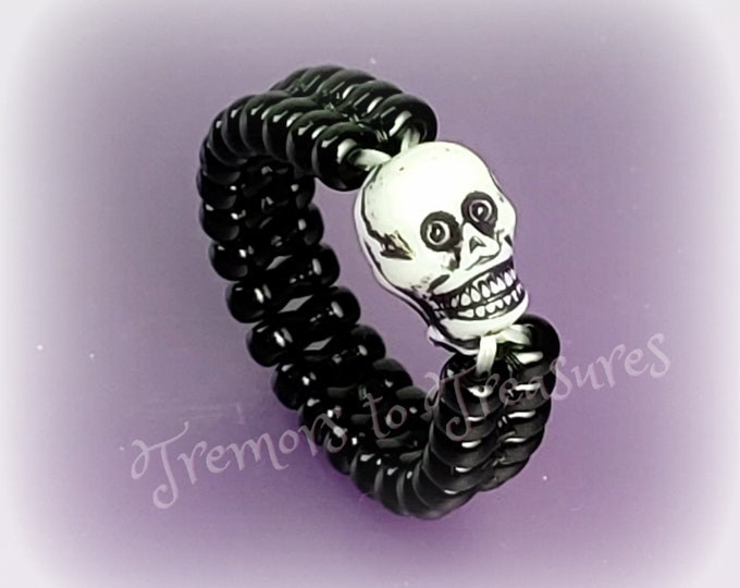 Skull Ring; Available with Rhinestone Eyes; Stretch Ring; Skull and Bones; Halloween Jewelry; Rocker Jewelry; Gothic Jewelry; Wide Band Ring