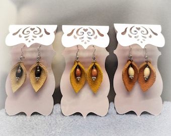 Petite Leather Leaf Earrings with Natural Wood Embellishments | Gift Suggestion  | Handmade in the USA