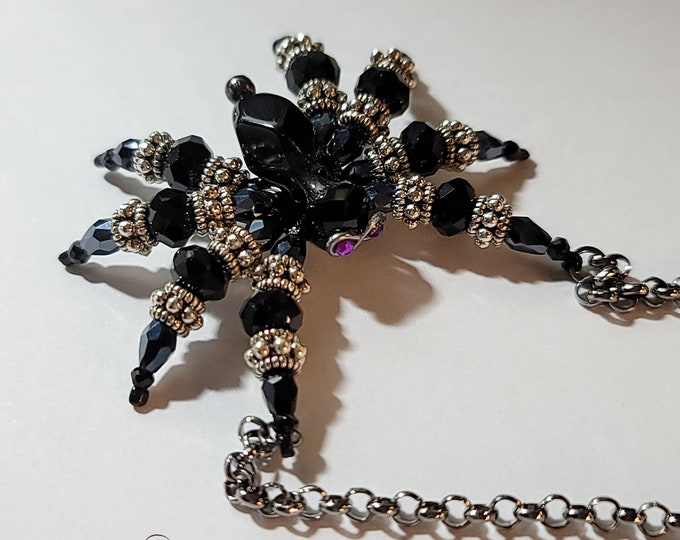 Spider Necklace | Black Crystal Spider Necklace with Silver Accents | Goth | Ren Fair Jewelry | Handmade in the USA | Beaded Spider Necklace