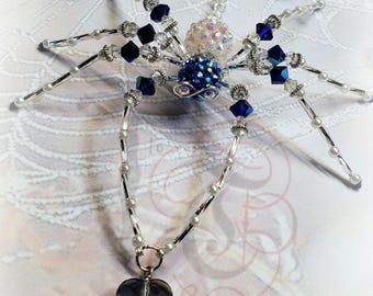 Crystal Heart Christmas Spider: Blue & White Beaded Suncatcher