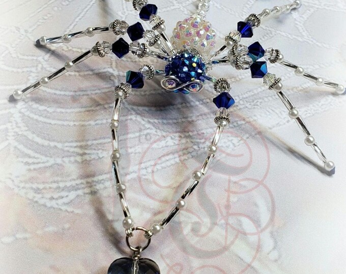 Crystal Heart Spider Blue and White Spider Good Luck Spider Whimsical Housewarming Gift Charming Christmas Spider Rearview Mirror Suncatcher