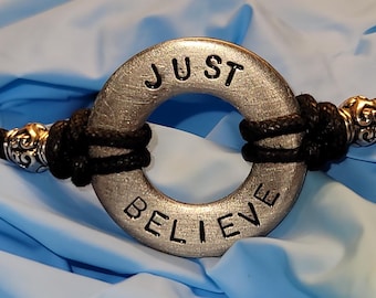 Inspirational Hand Stamped Washer Bracelet: Just Breathe or Just Believe Cord Jewelry