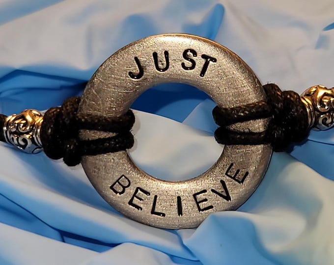 Inspirational Hand Stamped Washer Bracelet: Just Breathe or Just Believe Cord Jewelry