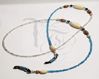 Blue and Ivory Beaded Lanyard with Wood Accents Eyewear Fashion Accessory Eyeglass Holder Sunglass Lanyard Handmade in the USA