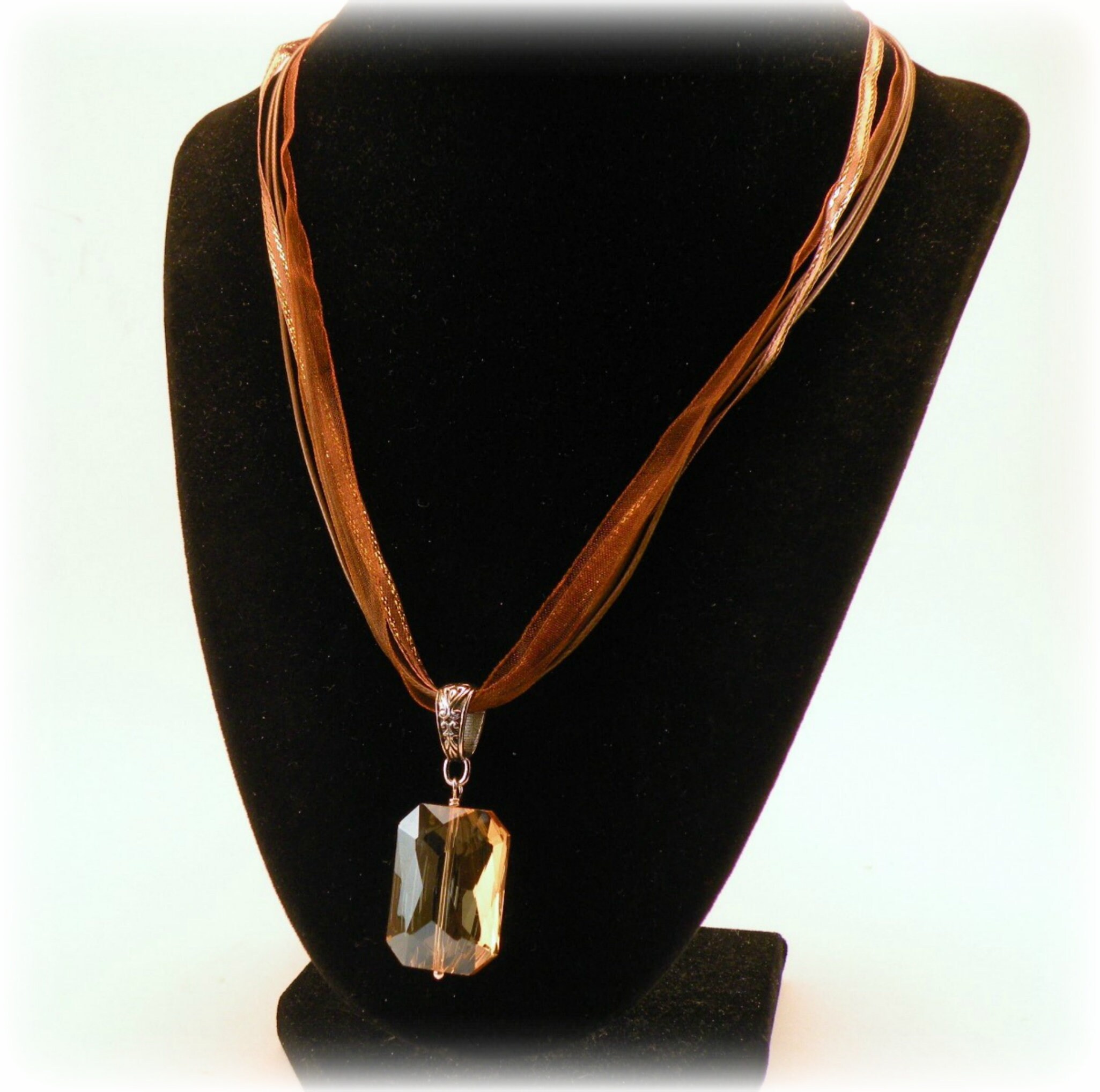 Golden Crystal Pendant Necklace; Organza Ribbon Necklace; Faceted Amber ...