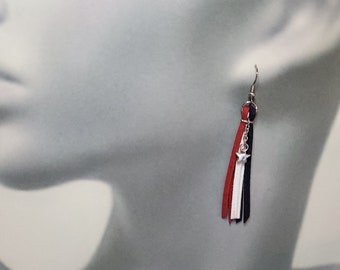 Red White Blue Leather Tassel Earrings: Silver Star Charm, USA Made