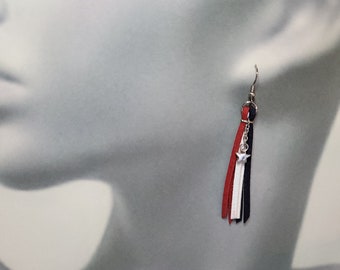 Red, White and Blue Leather Tassel Earrings with Silver Star Charm Handmade Jewelry BOHO Tassel Earrings Made in the USA