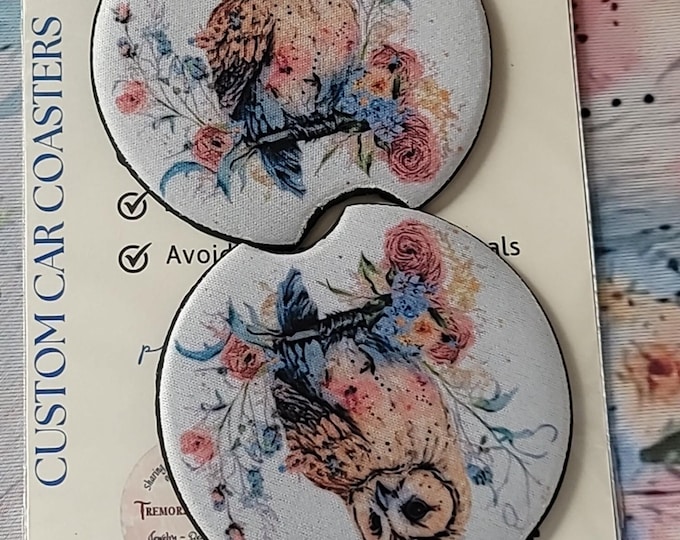 Large Absorbent Car Coaster  | Notched Owl Floral Car Coasters | Animal Themed Car Accessory | Boho Gift for Drivers | Set of 2 XL Coasters