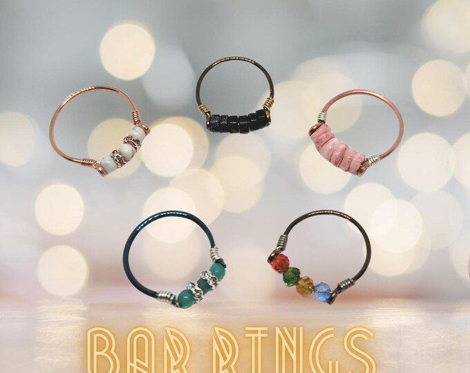 Copper Wire Wrapped Bar Rings | Line Rings | Heishi Beads | Gemstones or Faceted Crystals | Birthstone Rings | Made to Order in the USA