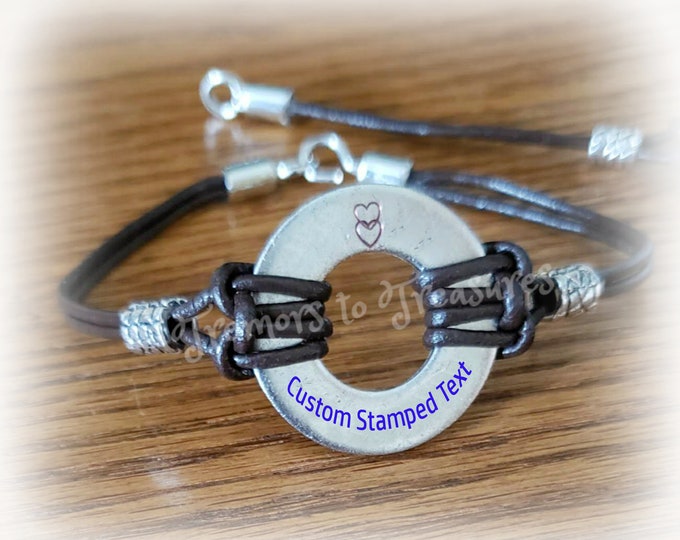 Custom Washer Bracelets/Hand Stamped/Made to Order/ID Bracelet/Add Your Special Message or Word/Gift for him/Gift for her/Leather Bracelet