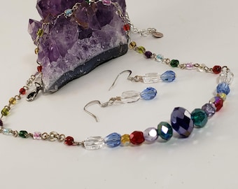 Colorful Crystals Jewelry Set Rosary Chain Necklace of colorful E-beads and crystals with matching earrings Handmade in the USA Gift Idea