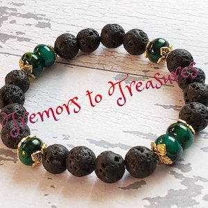 Stretch Lava Bead Bracelet: Essential Oil Diffuser, Green Glass Accents
