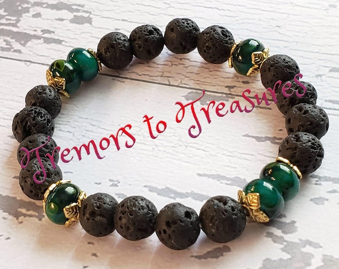 Stretch Lava Bead Bracelet: Essential Oil Diffuser, Green Glass Accents