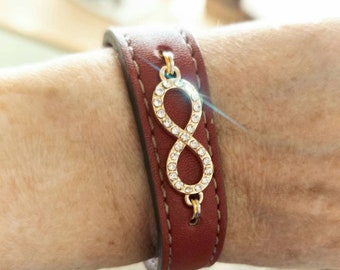 Red Leather Bracelet with Rhinestone Infinity Charm | Leather Cuff | Gold and Crystal Infinity Charm | Made to Order in the USA