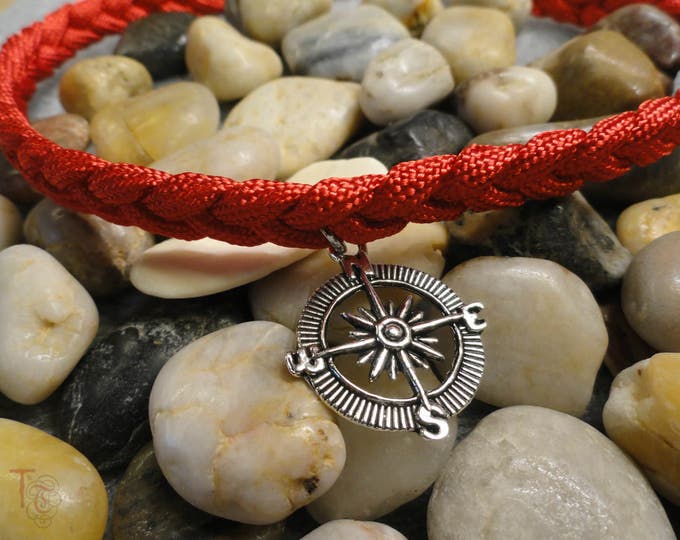 Paracord Choker with Tibetan Silver Compass Charm Braided Red Paracord Adjustable Necklace Nautical Jewelry with Compass Handmade in USA