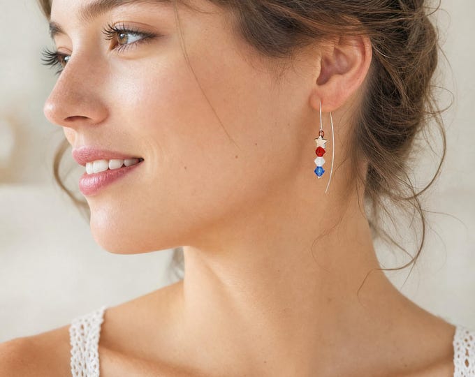 Red White Blue Swarovski Crystal Threader Earrings: Silver Star USA Jewelry