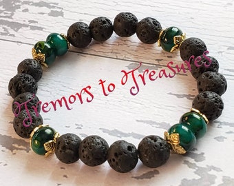 Stretch Lava Bead Bracelet: Essential Oil Diffuser, Green Glass Accents