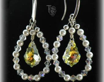 Crystal and Pearl Hoop Earrings with Swarovski AB Crystal Baroque Pendant | Prom Jewelry | Wedding Earrings | Mother of the Bride Jewelry