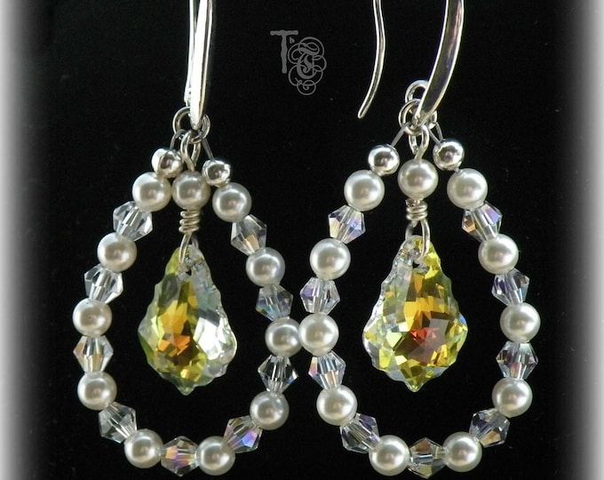 Crystal and Pearl Hoop Earrings with Swarovski AB Crystal Baroque Pendant | Prom Jewelry | Wedding Earrings | Mother of the Bride Jewelry