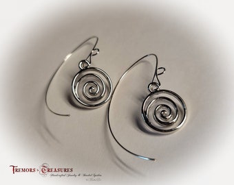 Silver Threader Earrings with Spiral Charm Other Charms Available Flower Cross Shamrock Handmade in USA by artisan with Essential Tremors