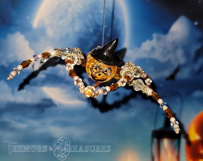 Halloween Spider | Large Handmade Gold and Crystal Spider with Witch's Hat and Broom | Halloween Decor | Made in the USA | Fun Gift Idea