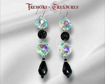 Elegant Long Black and Crystal Earrings | Faceted AB Crystals | Black Faceted Teardrop Beads | Silver Accents | Special Occasion Earrings