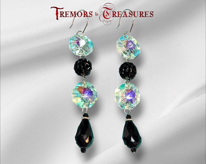 Elegant Long Black and Crystal Earrings | Faceted AB Crystals | Black Faceted Teardrop Beads | Silver Accents | Special Occasion Earrings