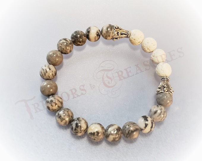 Zebra Jasper and White Lava Bead Stretch Bracelet | Stretch Bracelet | Essential Oil jewelry | Diffuser Jewelry | Handmade in the USA