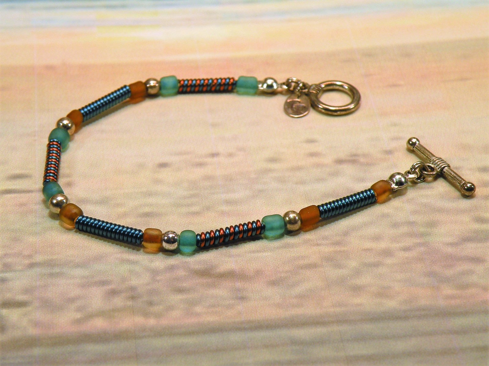 Teal and Copper Wire Coil Bracelet/Copper Wire/Coiled Wire Stretch