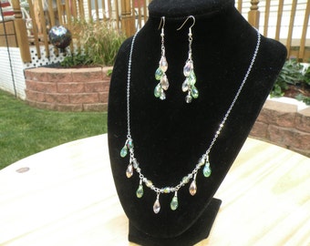 Crystal Necklace and Earrings Jewelry Set Pink and Green Teardrop Crystals Silver Wrapped Briolettes Fishhook style ear wire Handmade in USA