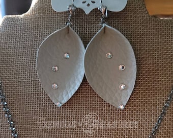 Crystal Dewdrops Leather Leaf Earrings | Leather Earrings | Ivory Faux Leather | Leather Jewelry | BOHO Jewelry  | Handmade in the USA