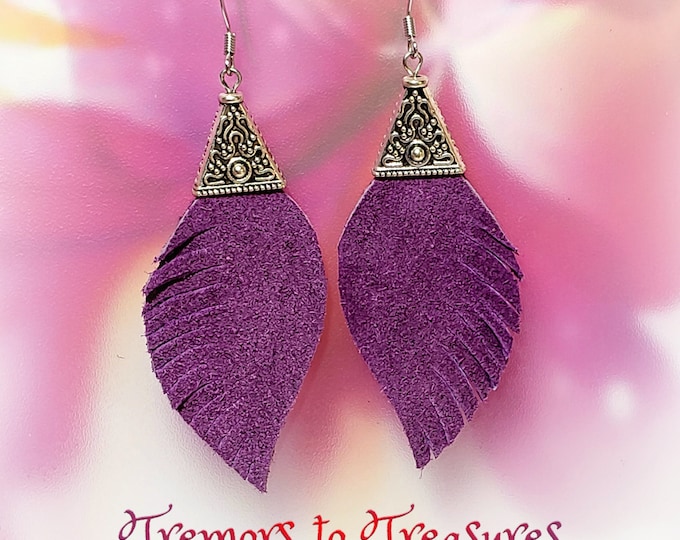 Leather Wing Earrings | Purple Leather Earrings | Purple Angel Wings | Fringe Edge Leather with Decorative Tibetan Silver Caps